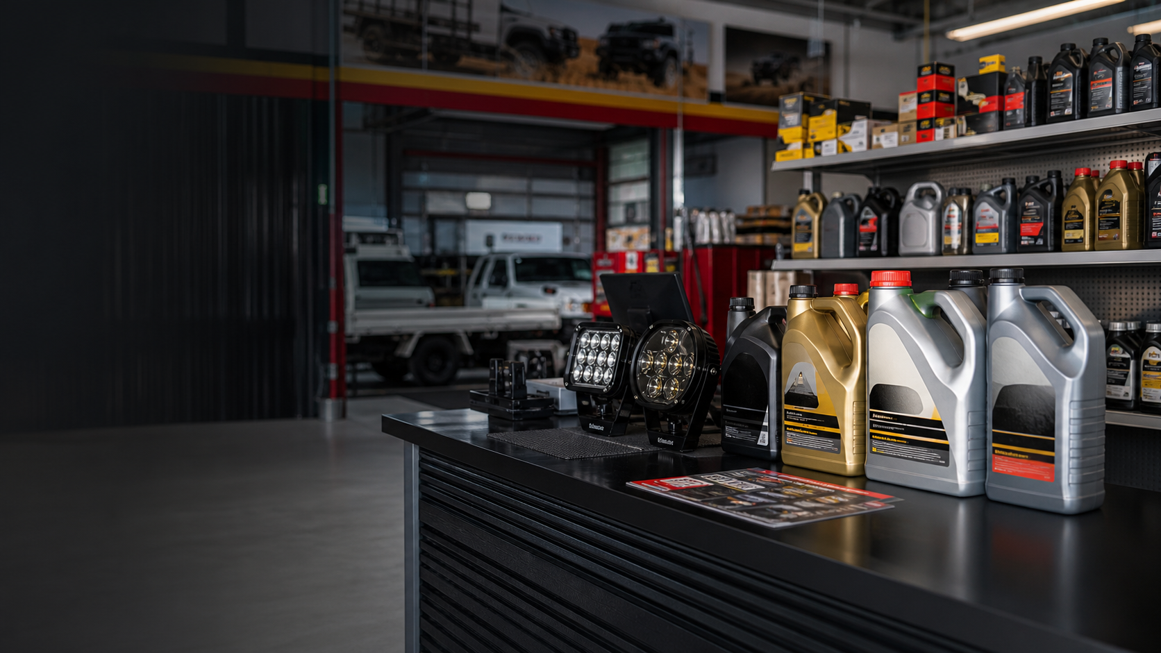 Automotive oils and LED driving lights arranged on a workshop service counter